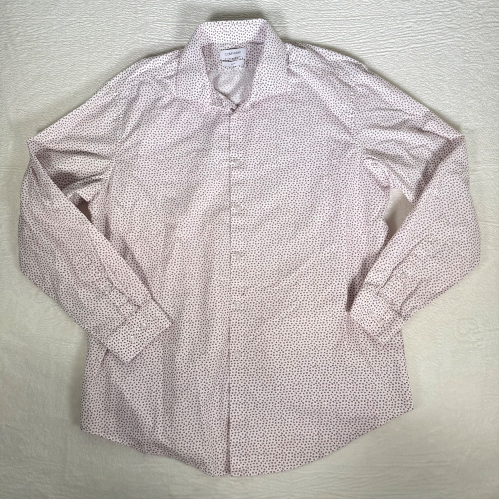 Calvin Klein Mens Slim Fit Geometric Chevron Dress Shirt White‎ Red  17.5 34/35